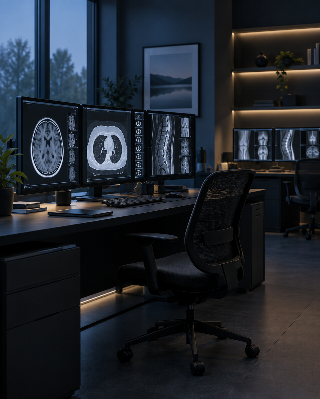 Illustrative radiology reading room with diagnostic imaging monitors